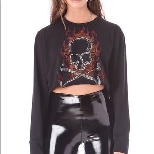 Emma&sam RHINESTONE SKULL CROP LONG SLEEVE T-SHIRT